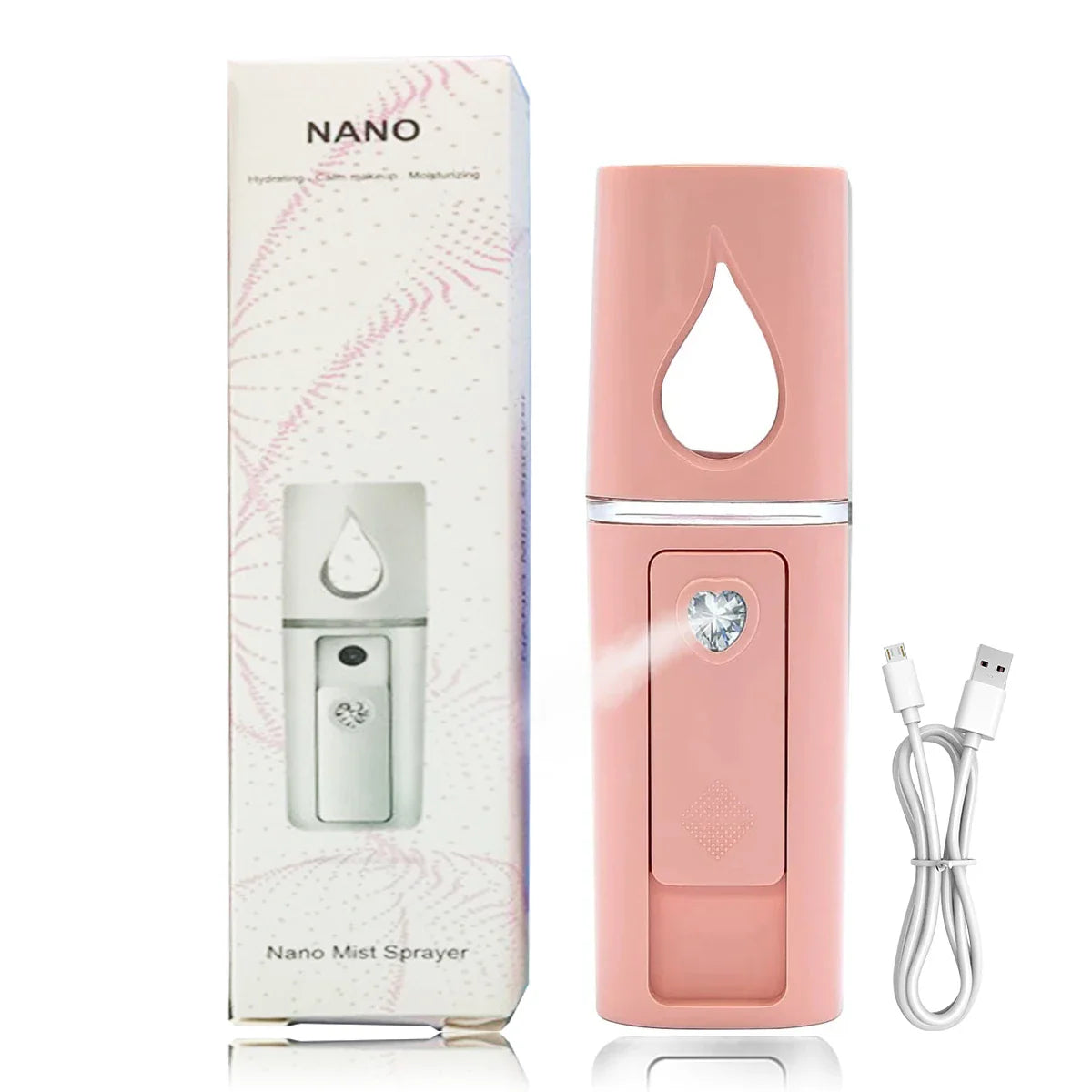 Spruzzatore viso nano rosa con confezione, cavo USB incluso. Idratante portatile per cura della pelle, nebulizzatore ricaricabile.