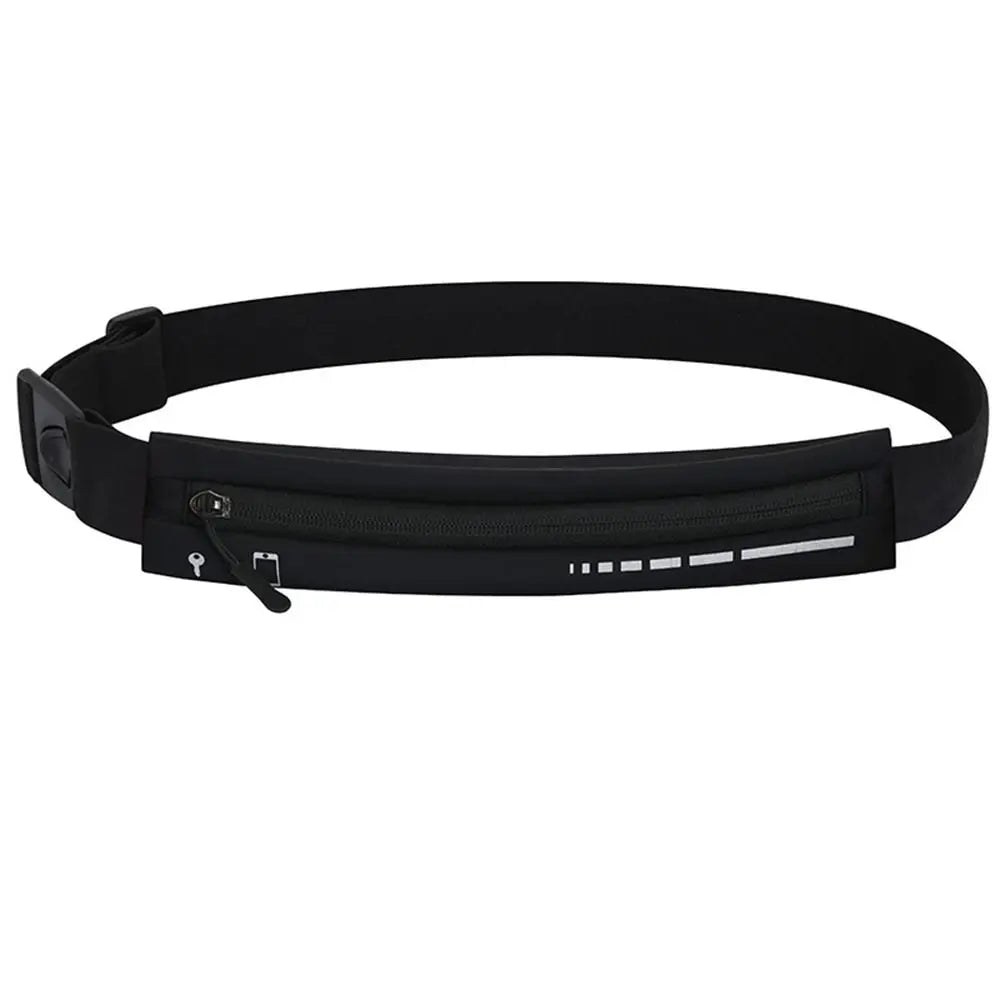 Cintura da corsa nera con tasca con zip, design sottile e regolabile, ideale per sport e attività all'aperto. Accessorio fitness unisex.