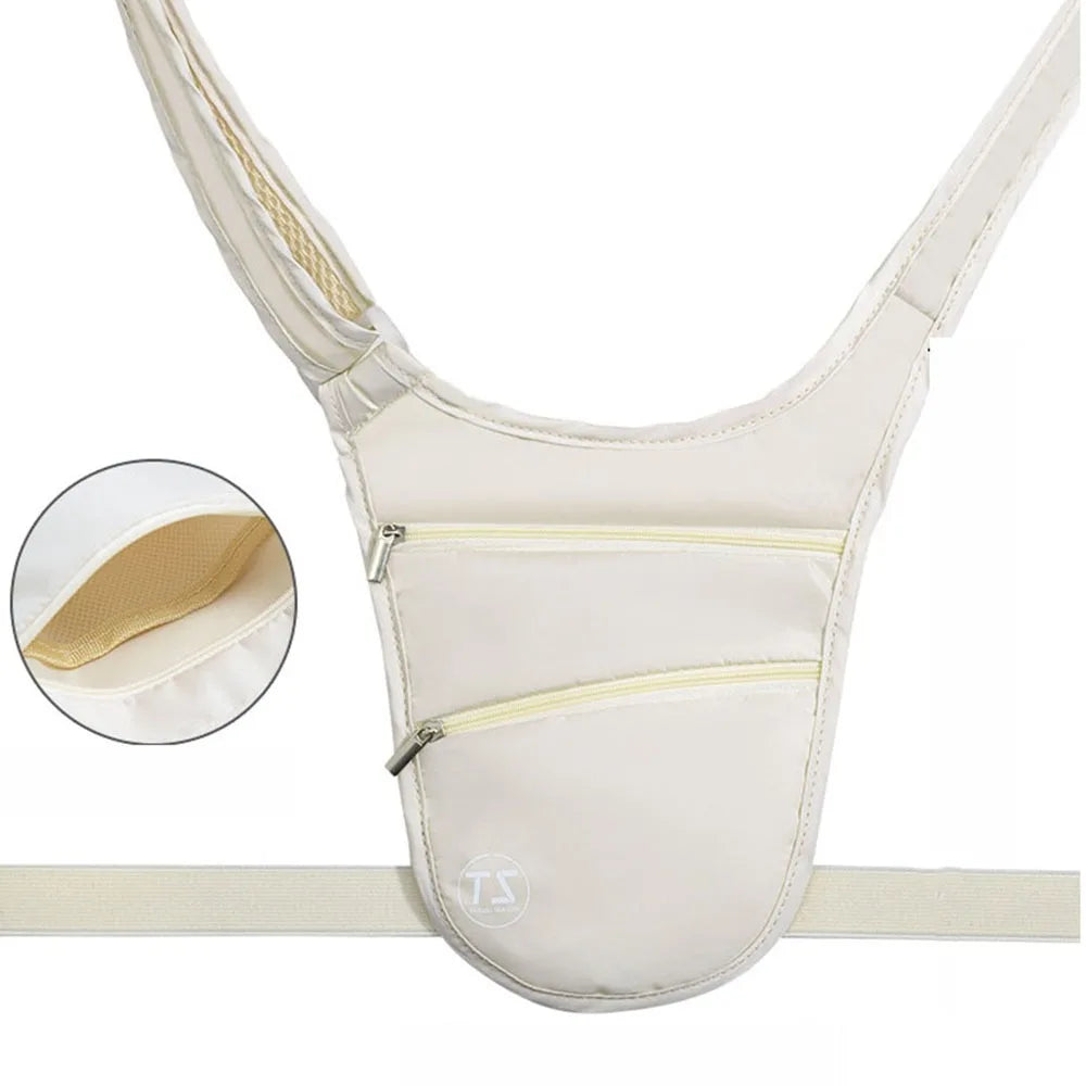 Marsupio a tracolla bianco con doppia cerniera, tasca interna, design ergonomico. Ideale per viaggi, sport e uso quotidiano. Accessorio moda pratico.