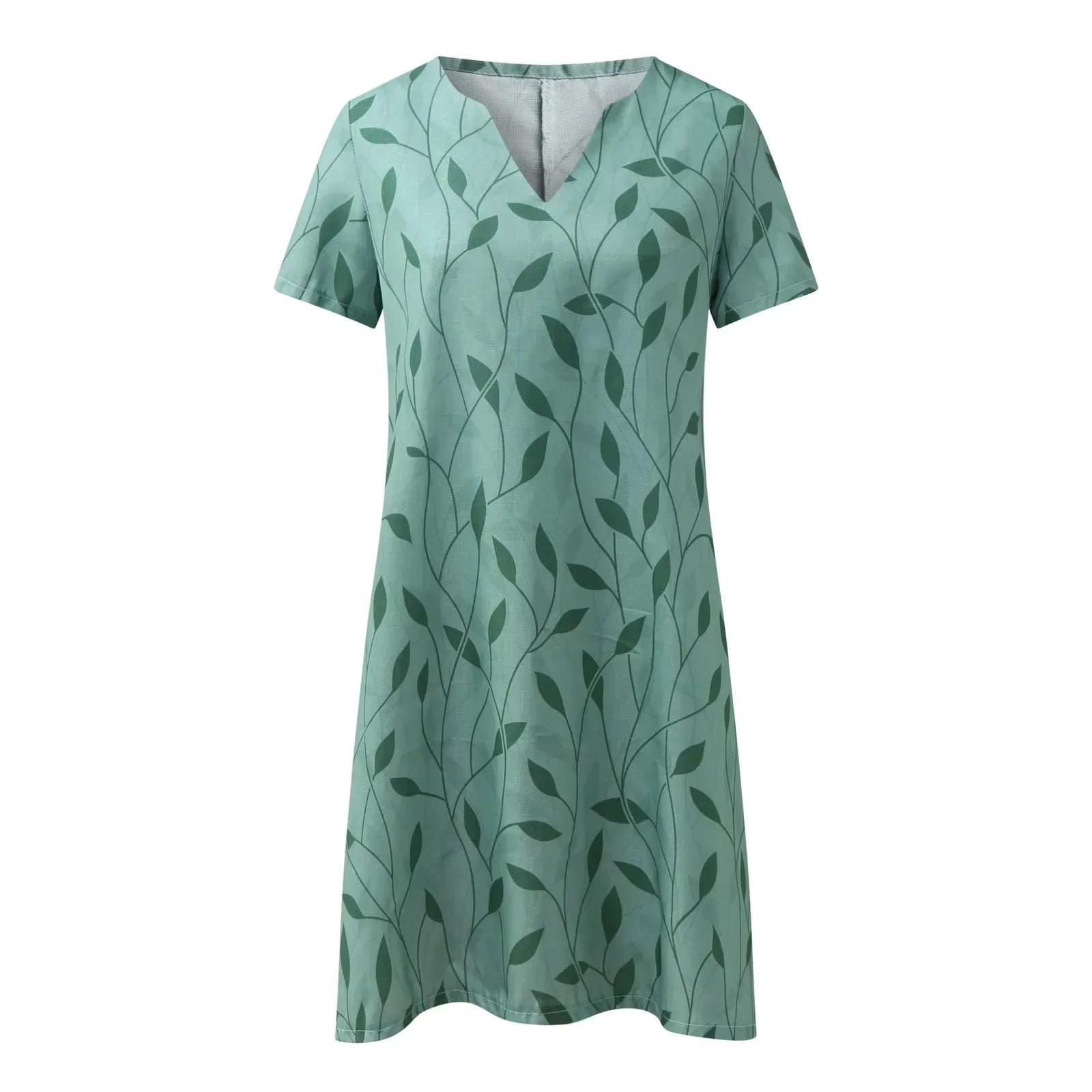 Abito estivo verde con motivo a foglie, maniche corte, scollo a V. Vestito casual donna, tessuto leggero, ideale per la moda estiva.
