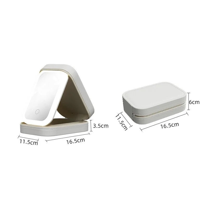 Specchio cosmetico pieghevole LED bianco, dimensioni 16,5x11,5x3,5 cm, portatile, ricaricabile, ideale per trucco e viaggio.