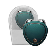 Dispositivo massaggio viso verde con testine metalliche, design ergonomico, per tonificazione e cura della pelle, confezione trasparente.