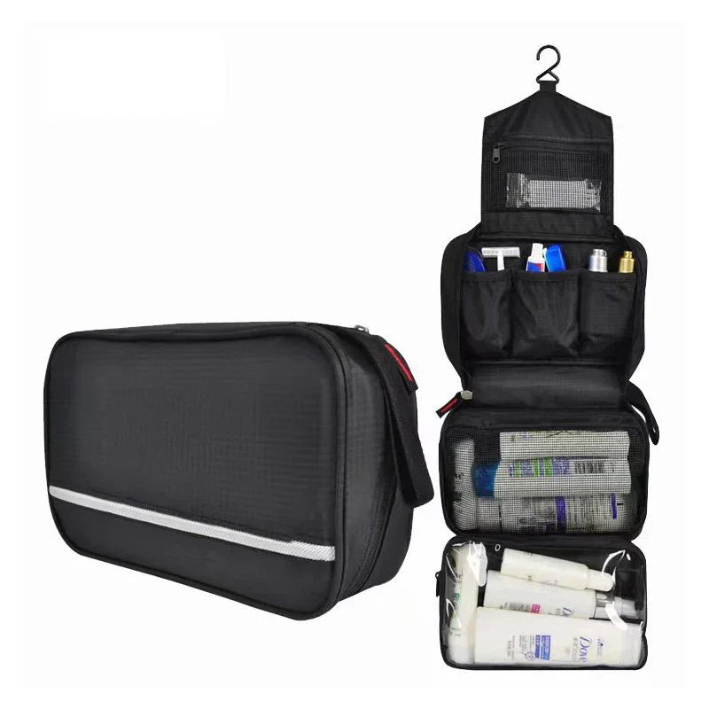 Borsa da toilette nera con gancio, scomparti multipli, ideale per viaggi. Organizzatore cosmetici, resistente all'acqua, compatta e pratica.