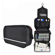 Borsa da toilette nera con gancio, scomparti multipli, ideale per viaggi. Organizzatore cosmetici, resistente all'acqua, compatta e pratica.