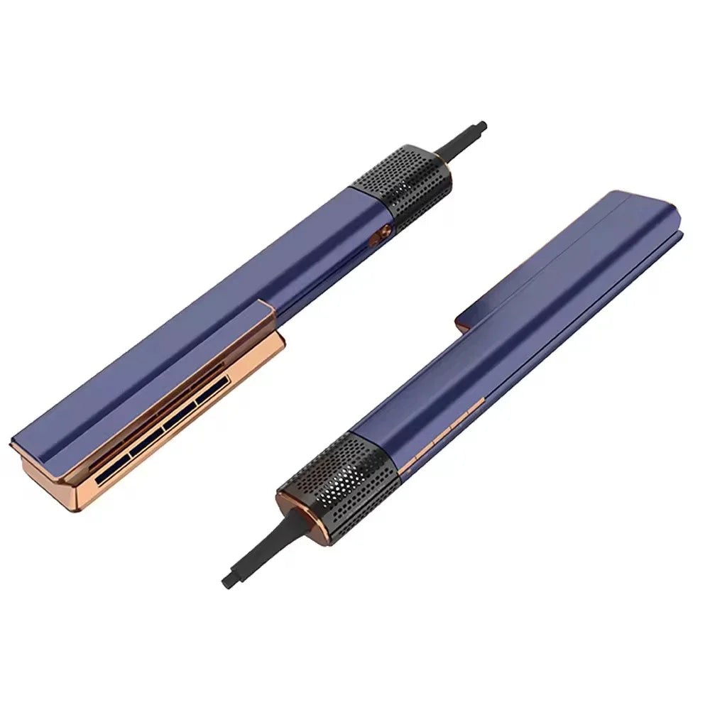 Piastra per capelli blu e oro, design moderno, tecnologia avanzata, styling professionale, riscaldamento rapido, ideale per lisciare e arricciare.