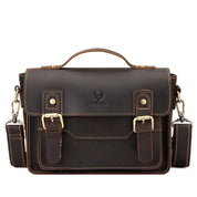 Borsa a tracolla in pelle marrone scuro, design vintage, con fibbie e manico superiore. Ideale per lavoro e uso quotidiano.