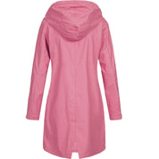 Cappotto impermeabile rosa da donna con cappuccio, design lungo, ideale per pioggia e outdoor. Tessuto resistente e alla moda.