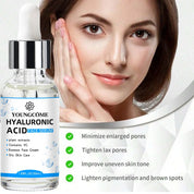 Siero viso all'acido ialuronico Youngcome 50ml, riduce pori dilatati, rassoda la pelle, migliora il tono, schiarisce macchie scure. Cura viso efficace.