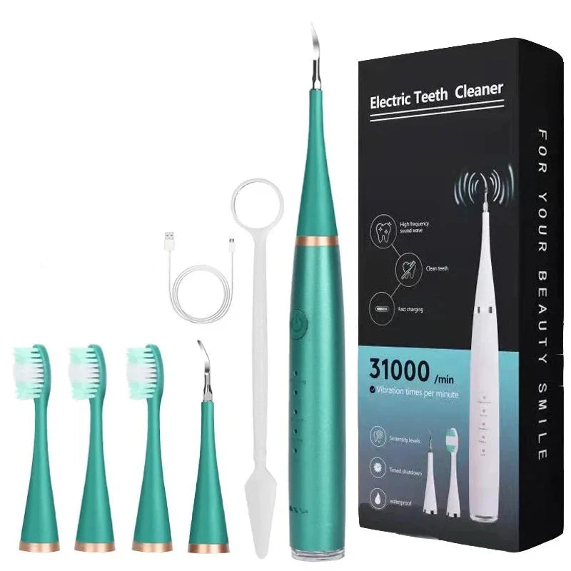 Spazzolino elettrico verde con testine di ricambio, cavo USB, strumento per pulizia dentale e confezione. Pulizia denti 31000 vibrazioni/minuto.