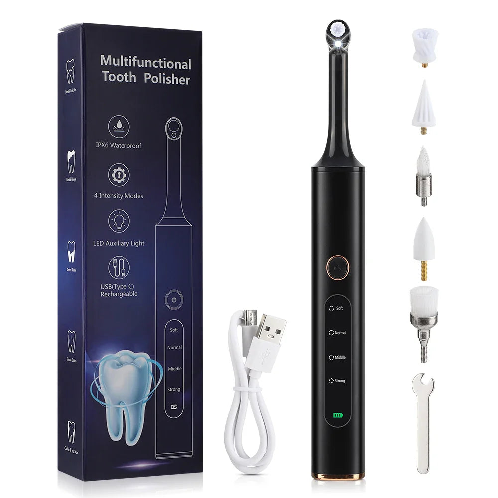 Spazzolino elettrico nero multifunzione con accessori, luce LED, ricarica USB, impermeabile IPX6, 4 modalità pulizia, confezione inclusa.
