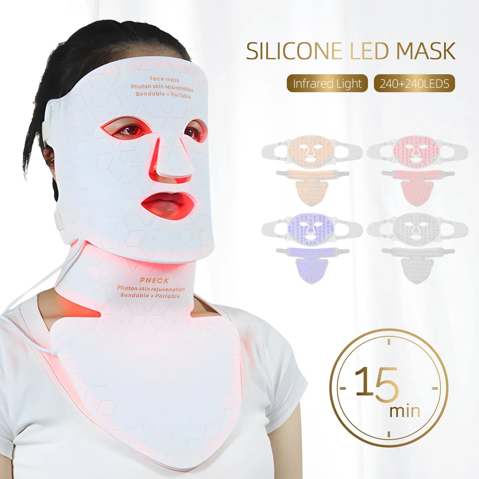 Maschera LED in silicone per fototerapia, luce infrarossa, 240+240 LED, trattamento viso e collo, miglioramento pelle, utilizzo 15 minuti.