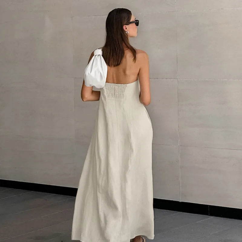  Abito da donna senza spalline - miscela di lino di cotone - Fit rilassato - Fulf Long - senza schienale - tasche-4