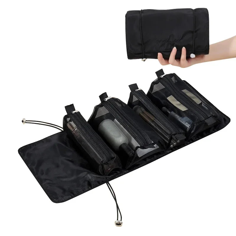 Borsa da viaggio nera con scomparti trasparenti, arrotolabile e portatile, ideale per cosmetici e accessori. Design compatto e organizzato.