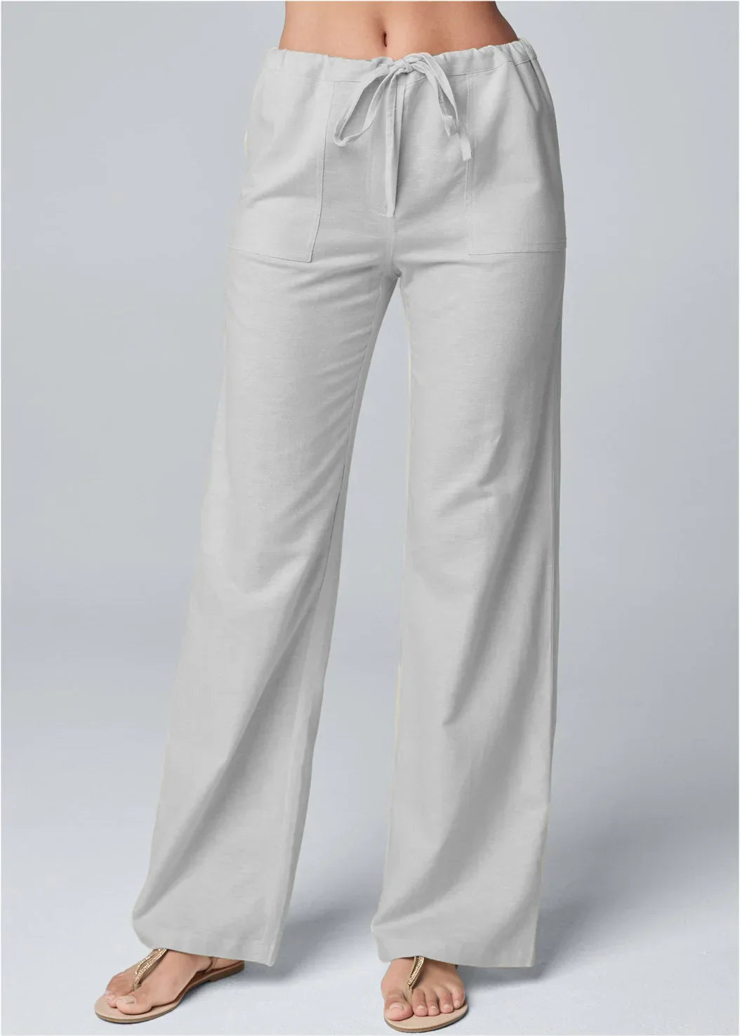  Pantaloni a gamba femminile-miscela di lino di cotone-vita alta-cintura da cantiere-3