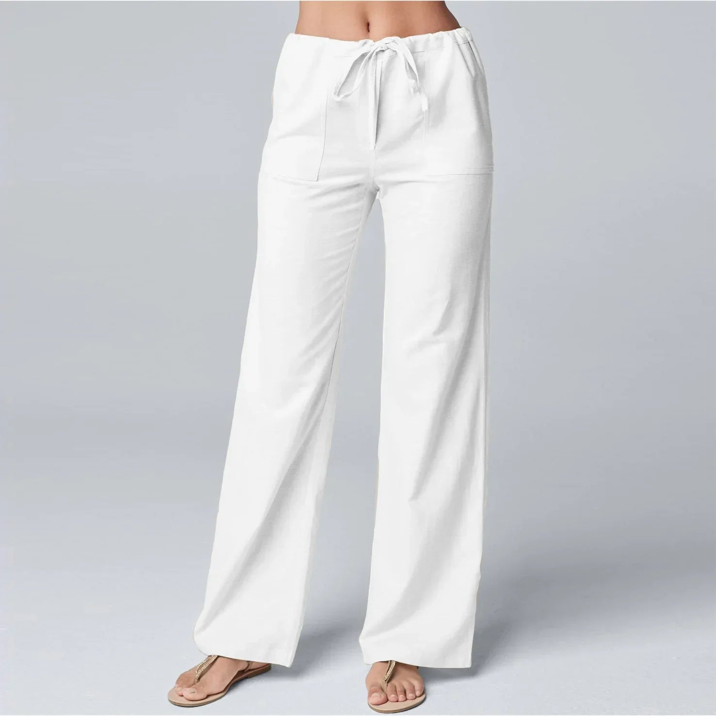  Pantaloni a gamba femminile-miscela di lino di cotone-vita alta-cintura da cantiere-1