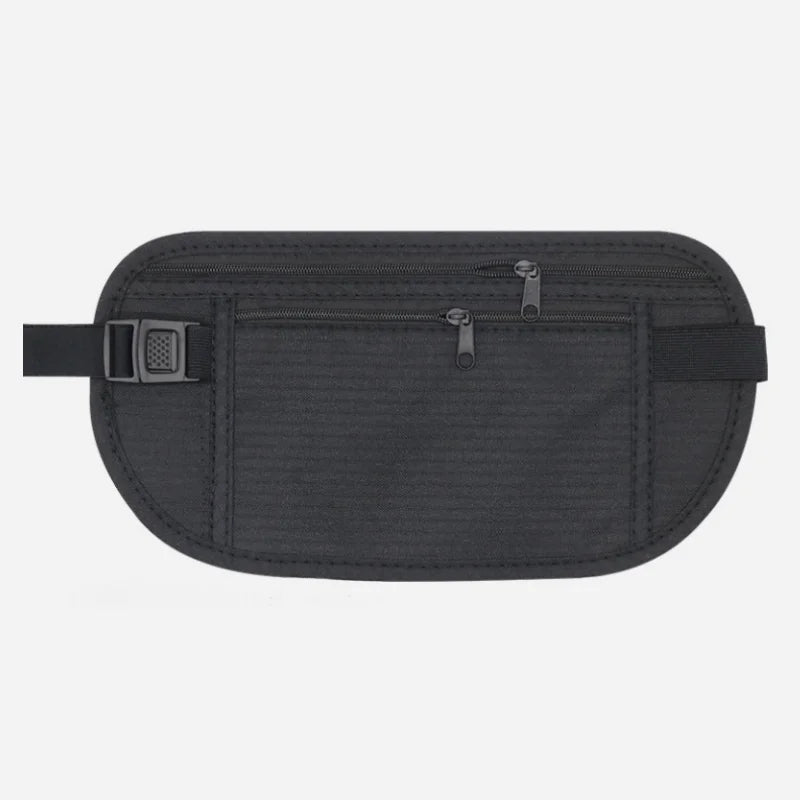 Marsupio da viaggio nero con doppia cerniera, design compatto e cintura regolabile. Ideale per sicurezza e praticità durante viaggi e attività all'aperto.