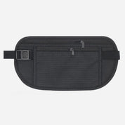 Marsupio da viaggio nero con doppia cerniera, design compatto e cintura regolabile. Ideale per sicurezza e praticità durante viaggi e attività all'aperto.