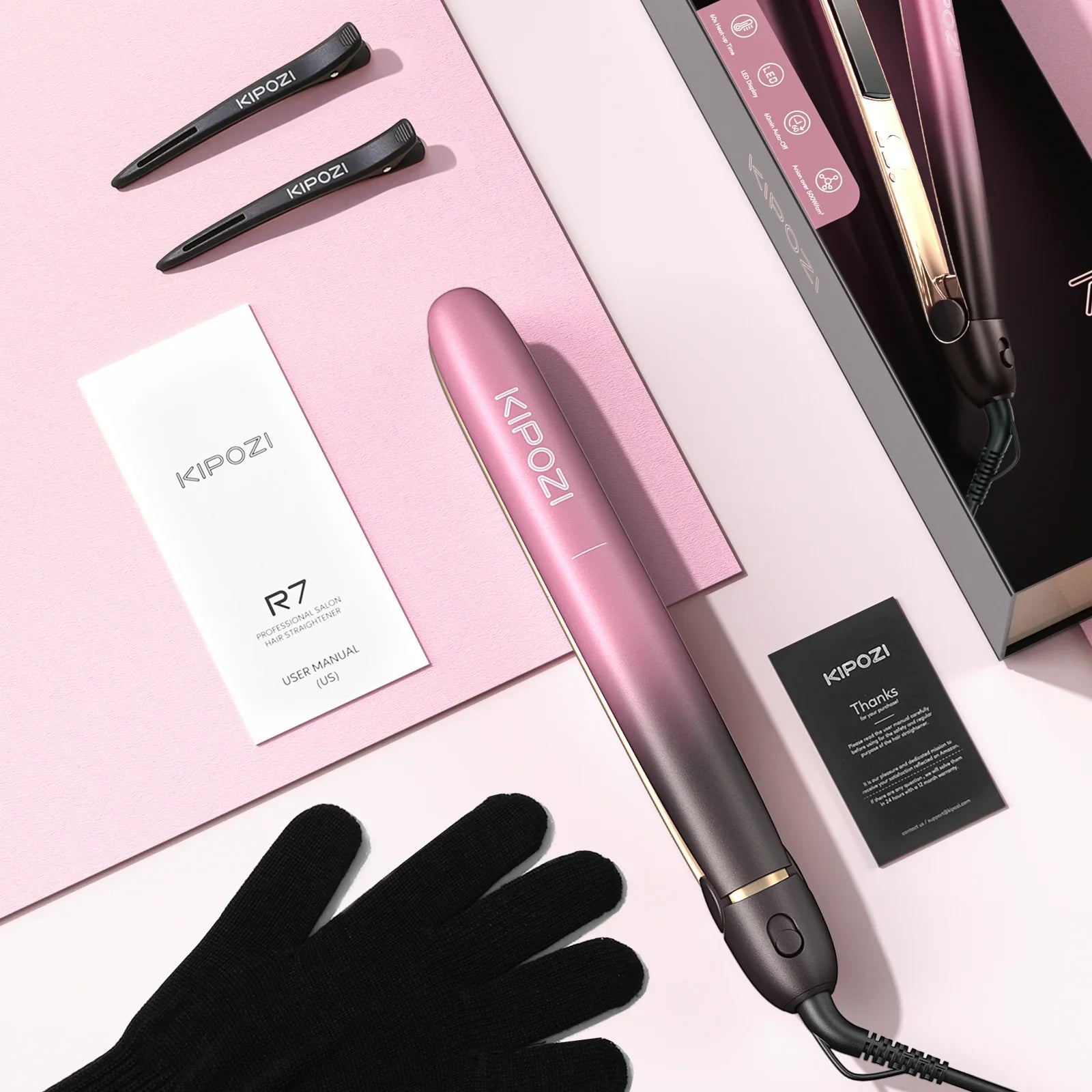 Piastra per capelli Kipozi R7 rosa, accessori inclusi: guanti termici, manuale d'uso, pinze. Design elegante, ideale per styling professionale.