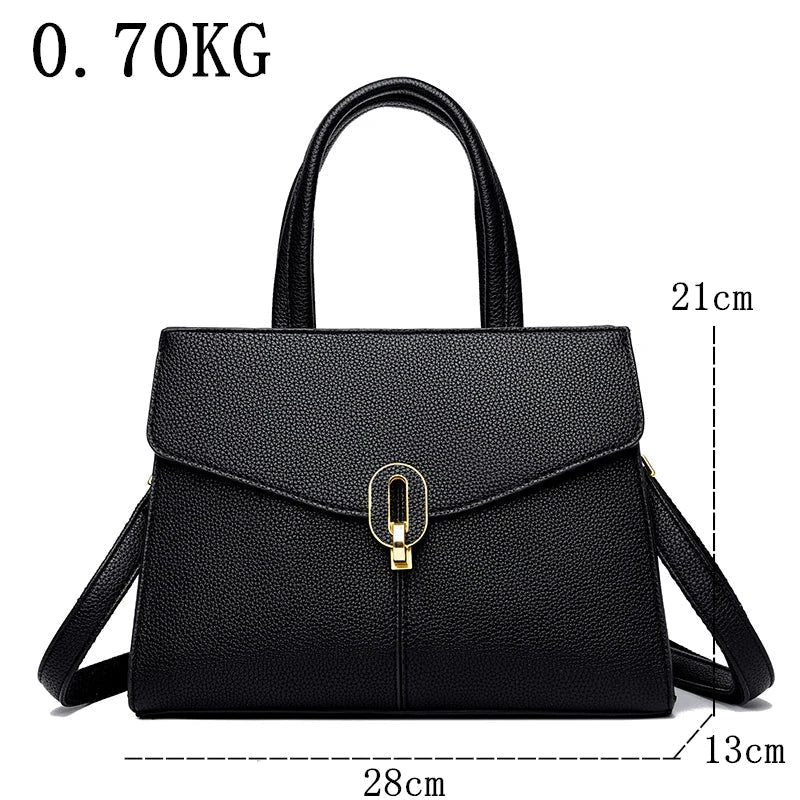 Borsa a mano nera in pelle sintetica, chiusura dorata, dimensioni 28x13x21 cm, elegante e leggera, ideale per moda femminile e shopping.