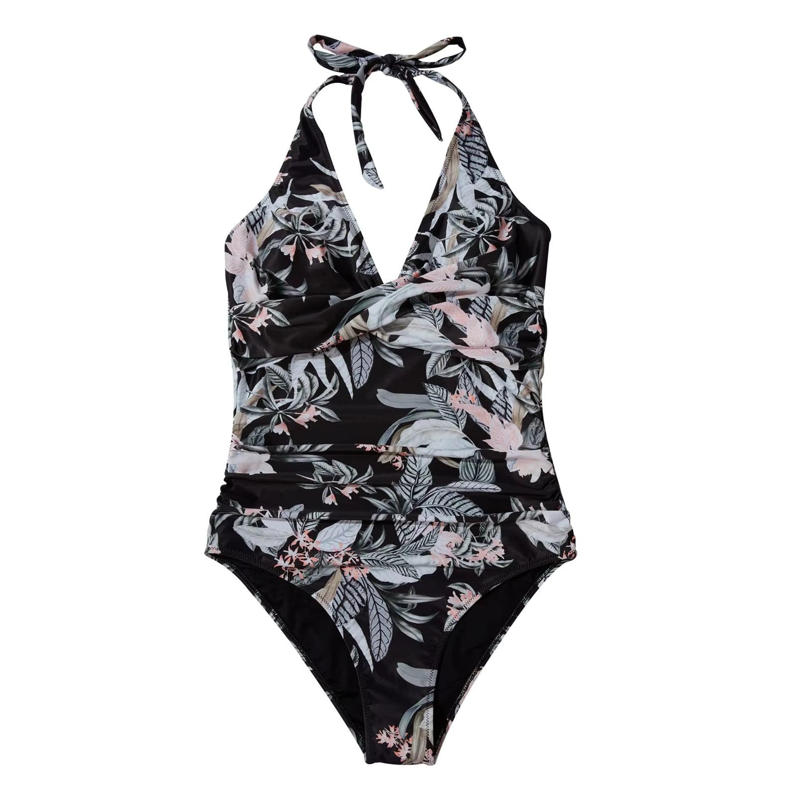 Costume intero donna nero con stampa floreale tropicale, scollo a V, allacciatura al collo. Elegante e ideale per la spiaggia o piscina.