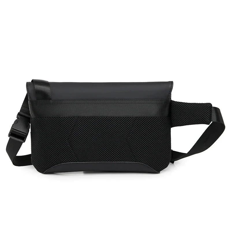 Tracolla nera in pelle e tessuto, design moderno, chiusura a zip, ideale per uomo e donna, perfetta per viaggi e uso quotidiano.