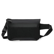 Tracolla nera in pelle e tessuto, design moderno, chiusura a zip, ideale per uomo e donna, perfetta per viaggi e uso quotidiano.