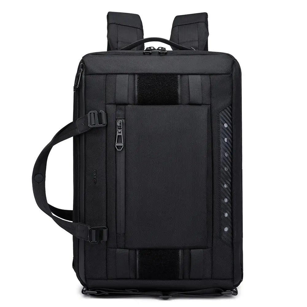 Zaino nero multifunzione, design rettangolare, con manici e spallacci regolabili. Ideale per viaggi, lavoro e scuola. Tasche multiple.