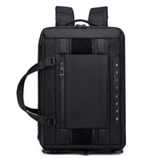 Zaino nero multifunzione, design rettangolare, con manici e spallacci regolabili. Ideale per viaggi, lavoro e scuola. Tasche multiple.