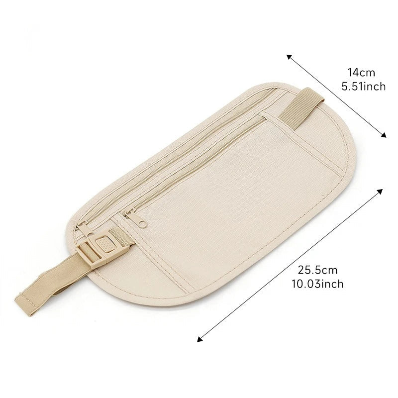 Marsupio da viaggio beige con cerniera, dimensioni 25,5x14 cm, ideale per documenti e denaro, accessorio sicuro e pratico per viaggiatori.