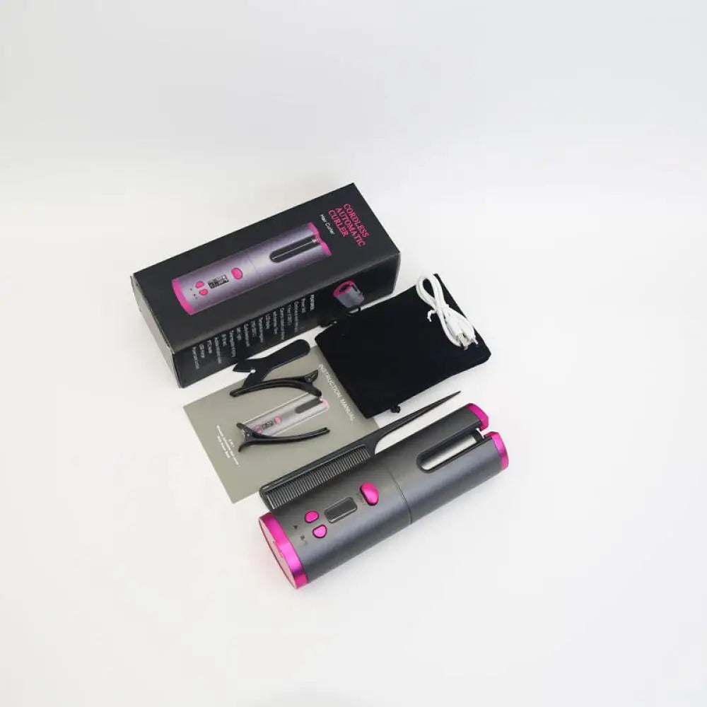 Arricciacapelli automatico senza fili grigio e rosa con accessori: cavo USB, pinza, pettine, manuale e custodia nera. Confezione inclusa.