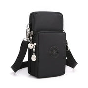 Borsa a tracolla nera multifunzione in nylon, con doppia cerniera e tasche, ideale per uomo e donna. Design moderno e pratico.