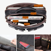 Borsa in pelle nera con scomparti multipli, adatta per laptop, documenti e accessori. Design elegante e funzionale per lavoro e viaggio.