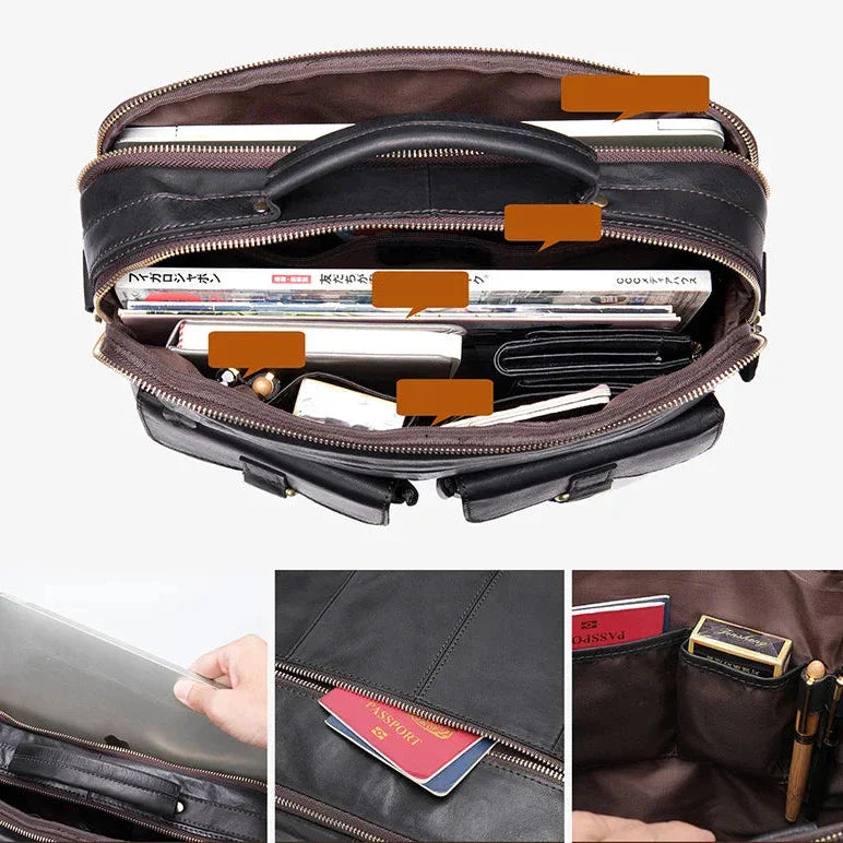Borsa in pelle nera con scomparti multipli, adatta per laptop, documenti e accessori. Design elegante e funzionale per lavoro e viaggio.