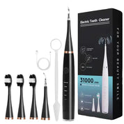Spazzolino elettrico nero con 5 testine di ricambio, cavo USB e confezione. Pulizia dentale ad alta frequenza, design elegante.