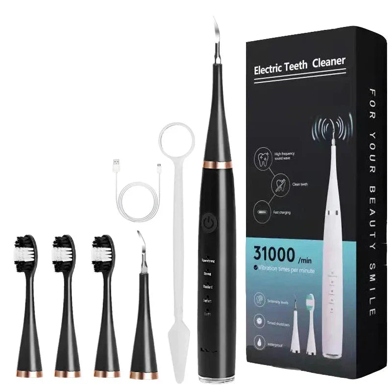 Spazzolino elettrico nero con 5 testine di ricambio, cavo USB e confezione. Pulizia dentale ad alta frequenza, design elegante.