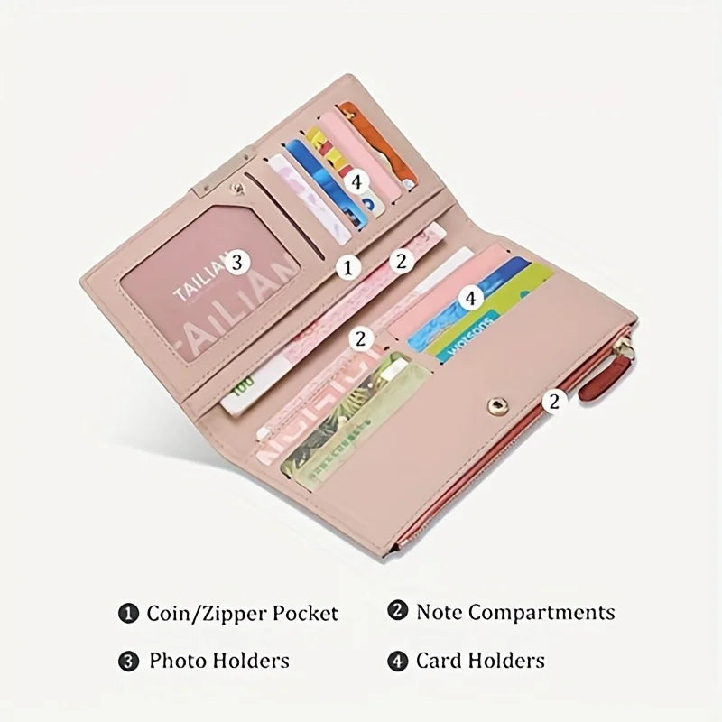 Portafoglio donna in pelle rosa con tasca monete, scomparti per banconote, porta foto e porta carte. Design elegante e funzionale.