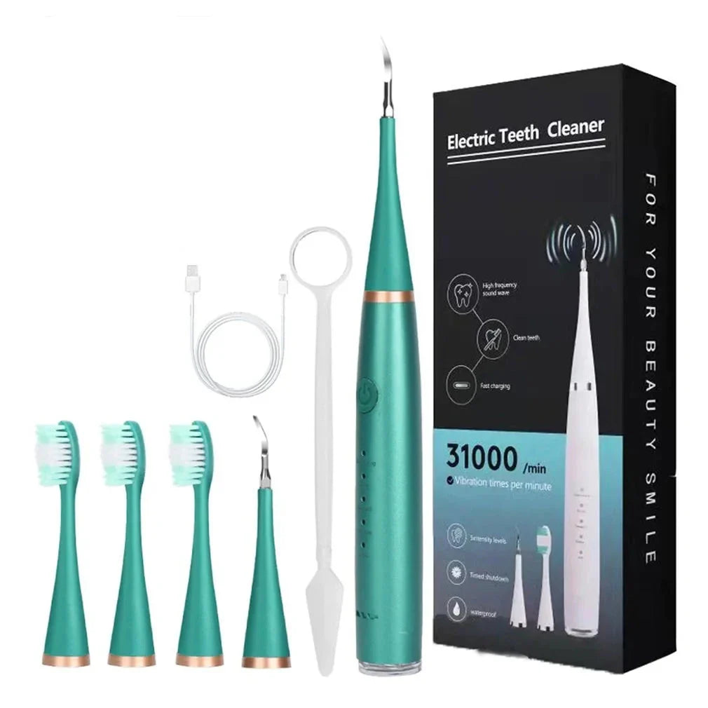 Spazzolino elettrico verde con testine intercambiabili, cavo USB e confezione. Pulizia dentale ad alta frequenza, 31000 vibrazioni/minuto.