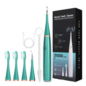 Spazzolino elettrico verde con testine intercambiabili, cavo USB e confezione. Pulizia dentale ad alta frequenza, 31000 vibrazioni/minuto.