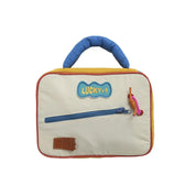 Borsa termica per bambini con manico blu, tasca frontale con cerniera, design colorato e scritta "Lucky+1". Ideale per scuola e picnic.