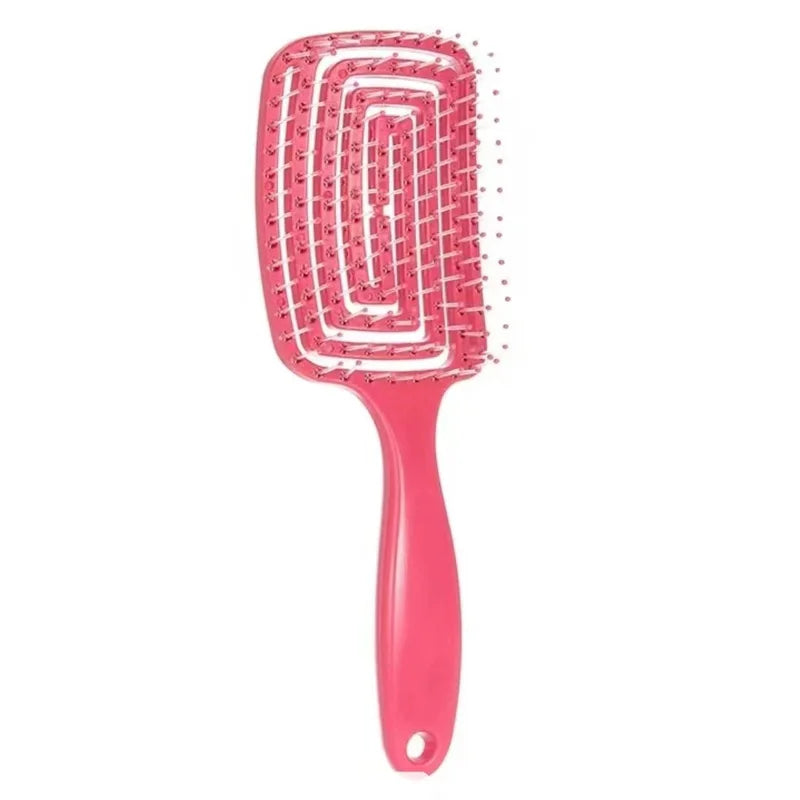 Spazzola per capelli rosa con setole flessibili, design ventilato per asciugatura rapida, ideale per districare e styling. Accessorio capelli essenziale.