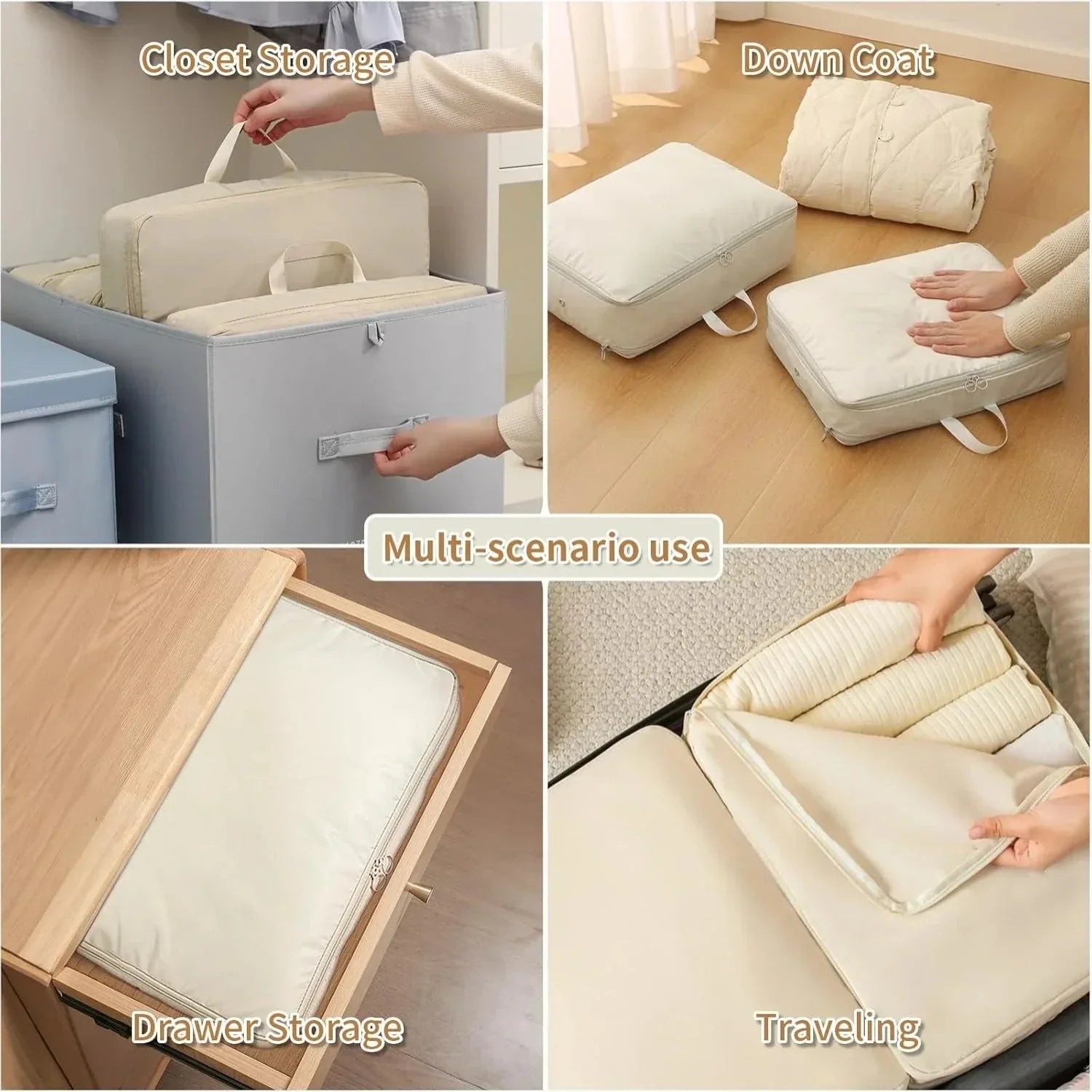 Sacchetti sottovuoto per abiti, ideali per riporre cappotti, coperte e vestiti. Perfetti per armadi, cassetti e viaggi. Risparmio spazio garantito.
