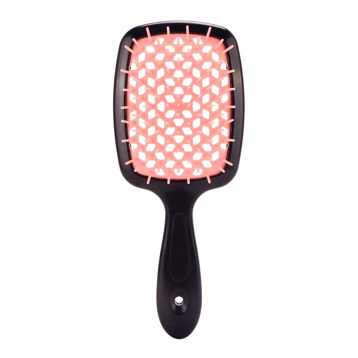 Spazzola per capelli nera con setole rosa, design rettangolare, ideale per districare e lisciare. Accessorio essenziale per la cura dei capelli.