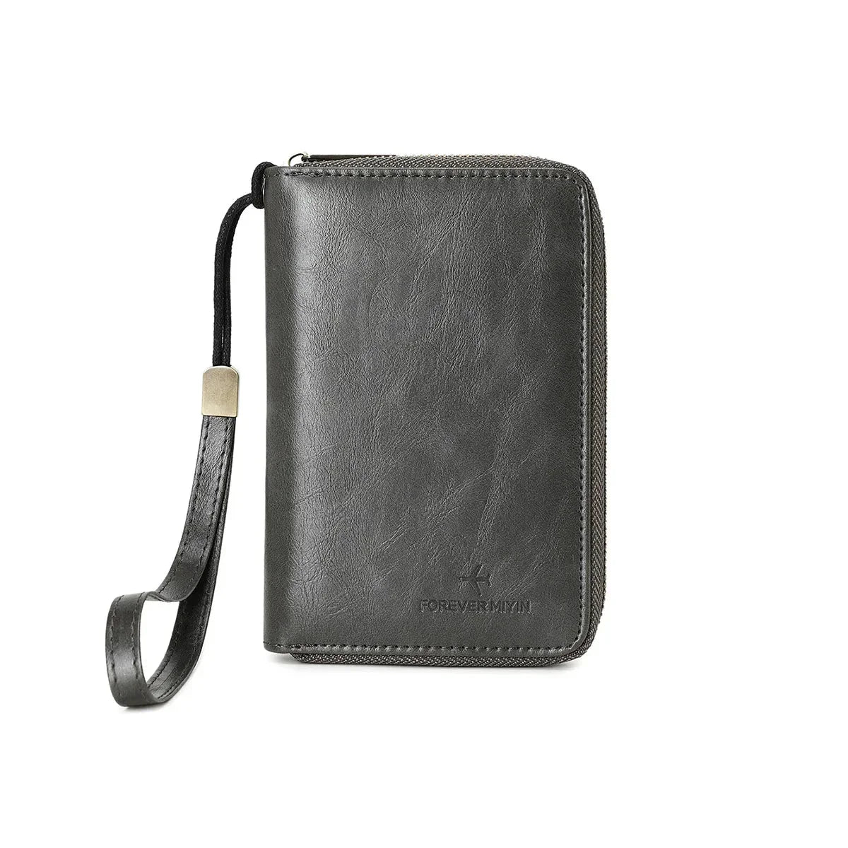 Portafoglio uomo in pelle nera con cerniera e cinturino, design elegante e compatto, ideale per carte e contanti. Accessorio moda maschile.