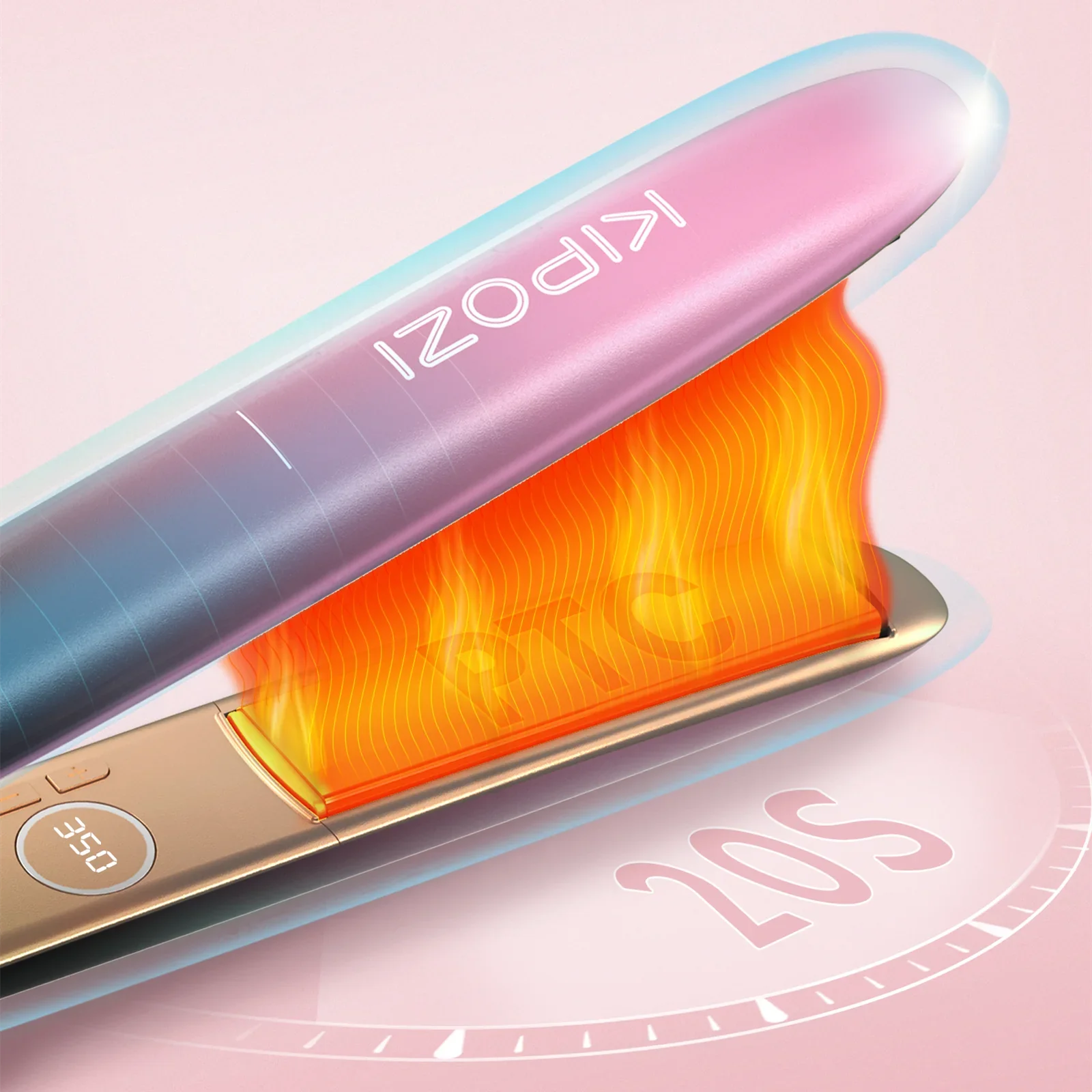 Piastra per capelli rosa e blu con tecnologia riscaldante rapida in 20 secondi, display digitale, design moderno, ideale per styling veloce e preciso.