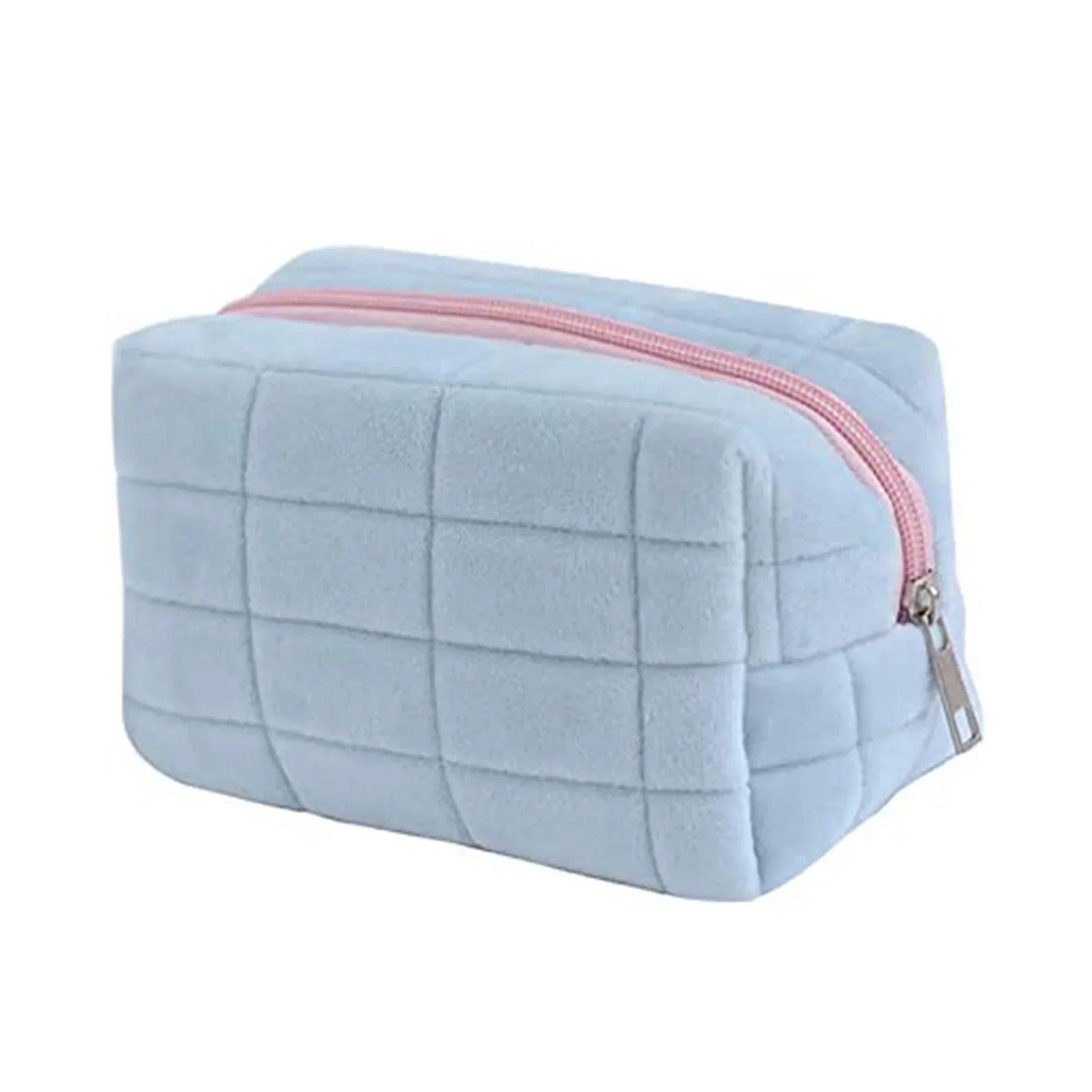Astuccio cosmetico in velluto azzurro con cerniera rosa, design trapuntato. Ideale per trucco, accessori viaggio, organizer borsa.
