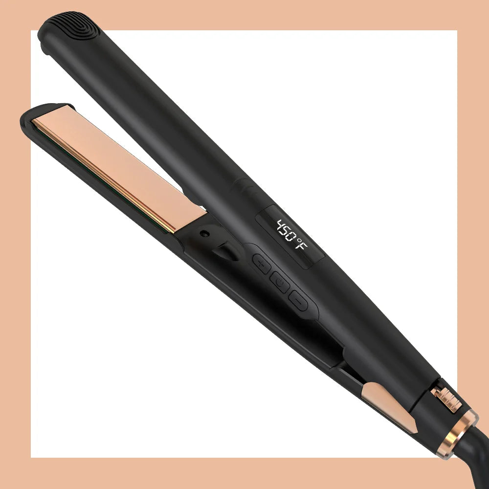 Piastra per capelli nera con piastre in ceramica dorata, display digitale 450°F, design elegante, ideale per styling professionale e liscio perfetto.