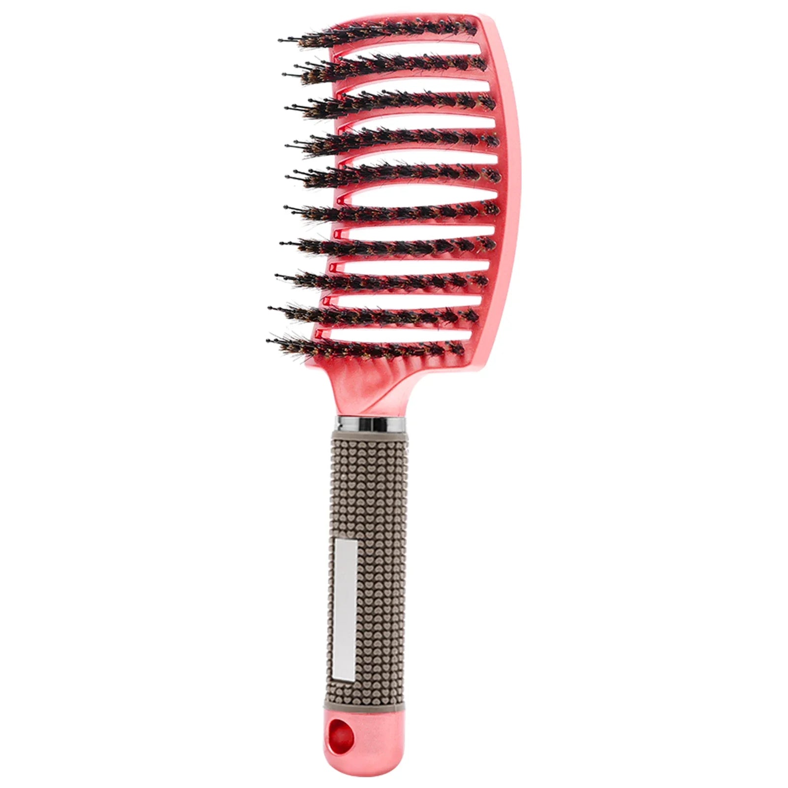 Spazzola per capelli rosa con setole nere e manico ergonomico antiscivolo. Ideale per districare e acconciare. Accessorio styling capelli.
