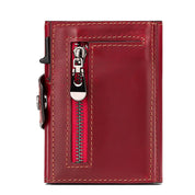Portafoglio in pelle rossa con cerniera frontale, design compatto, cuciture a contrasto, ideale per uomo e donna, accessorio moda elegante.