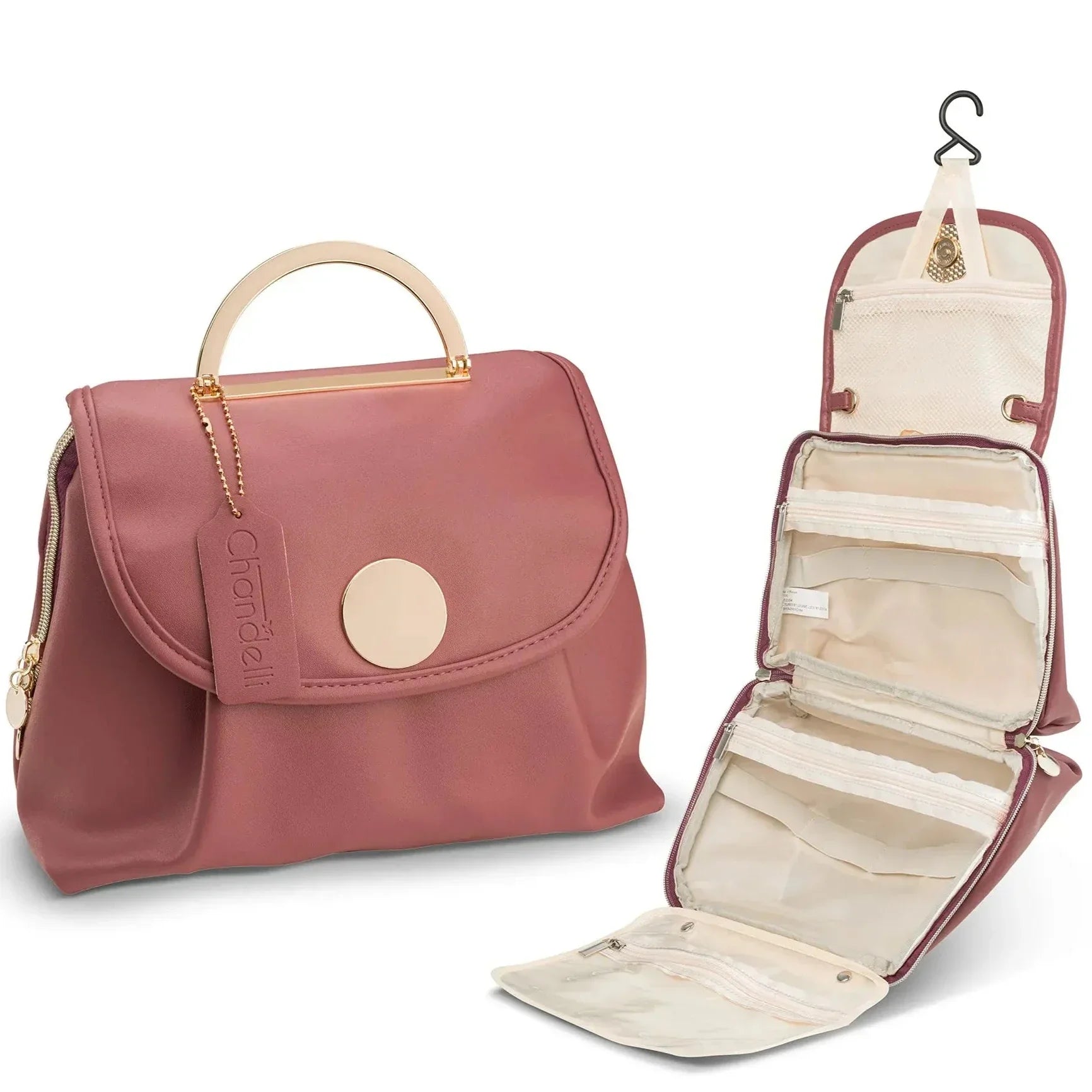 Borsa da viaggio rosa Chantelle, elegante e funzionale, con gancio appendibile e scomparti multipli. Ideale per organizzare accessori e cosmetici.