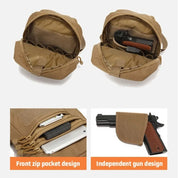 Borsa tattica beige con tasca frontale con zip e scomparto indipendente per pistola. Design compatto, ideale per attività all'aperto e sicurezza.